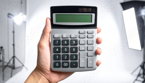 Hand holding calculator in studio setting.