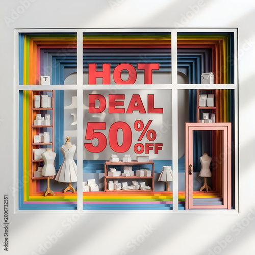 Creative Paper Craft Boutique Window Display with 50 Percent Sale Sign