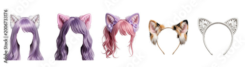 Foto kawaii cat ears png, Five cat ear headbands with colorful hair on transparent ba