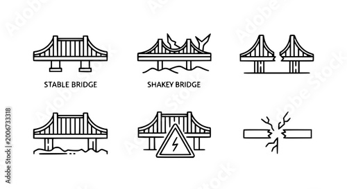 фотографія Bridge infrastructure safety and structural integrity icon set featuring stable and shaky bridge comparisons with damage collapse and warning symbols for civil engineering infographics