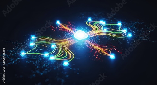 A glowing digital map representing edge computing nodes connecting to a central cloud server through flowing data streams in a network, analytics, digital, interface