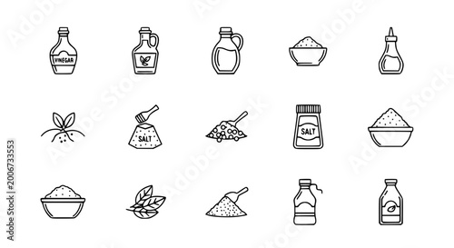 Canvas Print Kitchen pantry seasoning and condiment icon set featuring olive oil bottles vinegar salt shakers pepper herbs and spices for cooking recipes and culinary infographics