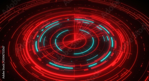 Glowing red and blue concentric circles rotate rapidly in darkness