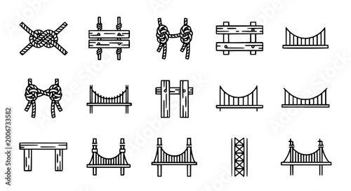 Foto Nautical rope knots and bridge architecture icon set featuring suspension bridges wooden docks and seafaring cordage for maritime engineering and coastal infrastructure infographics