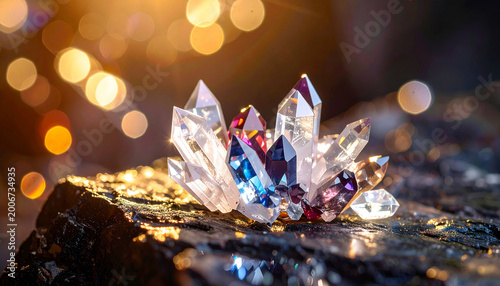 Shiny crystal gemstones cluster with reflections luxury sparkle isolated on black surface