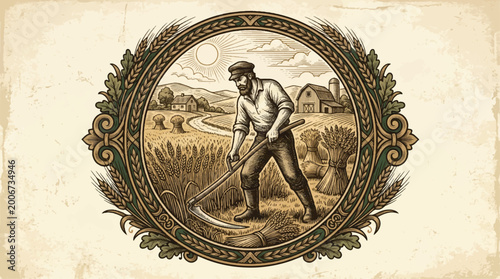 Fotografie Vintage illustration of farmer harvesting wheat field with ornamental border