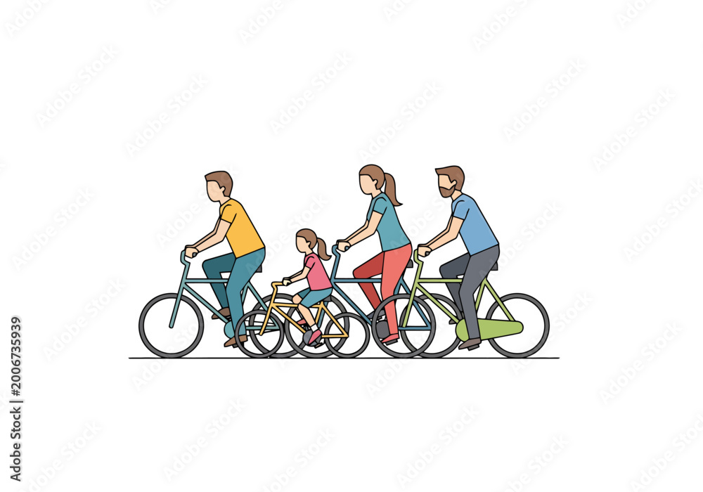 Obraz premium A multiracial blended family enjoys a leisurely bike ride together on a clear sunny day promoting outdoor leisure activities and healthy lifestyles for all ages and generations capturing moments