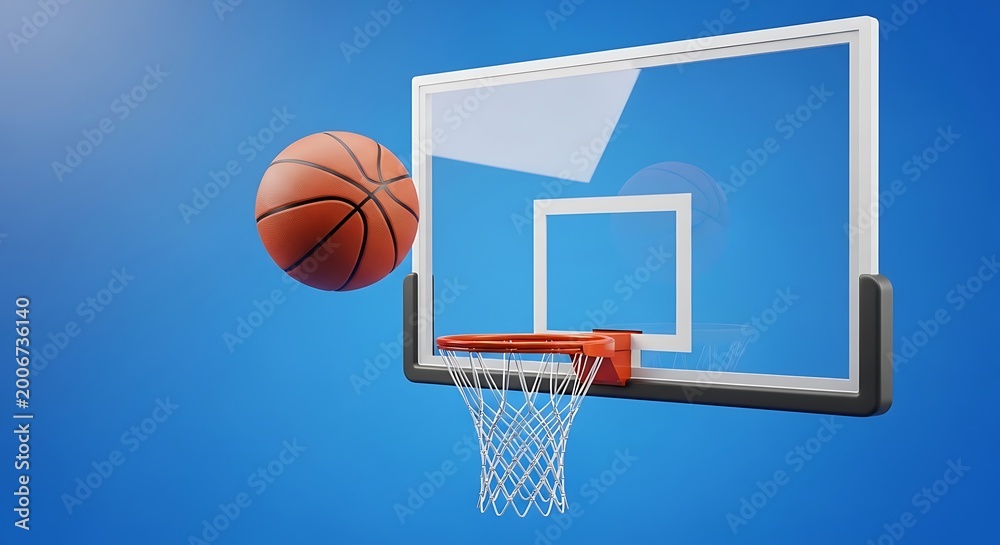 Naklejka premium Basketball swishing through hoop on vibrant blue background
