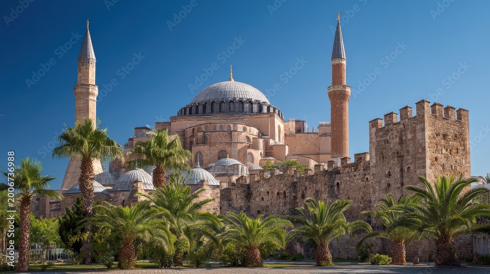 Fototapeta premium Hagia sophia mosque and ancient city walls in istanbul, turkey