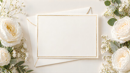 Elegant white wedding invitation card with gold border surrounded by delicate white roses and green eucalyptus leaves and small flowers