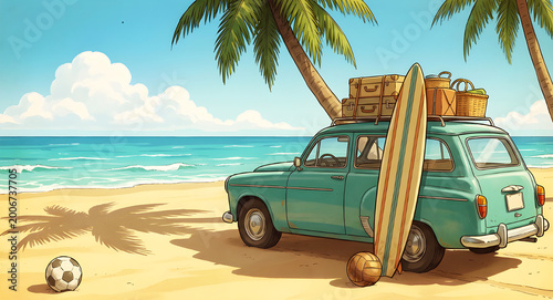 Vintage Car with Surfboards on Sunny Tropical Beach Art View