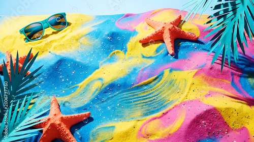 Colorful beach sand with starfish and sunglasses top view