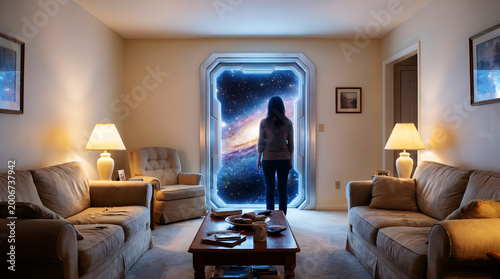 Woman standing before glowing portal in living room scene