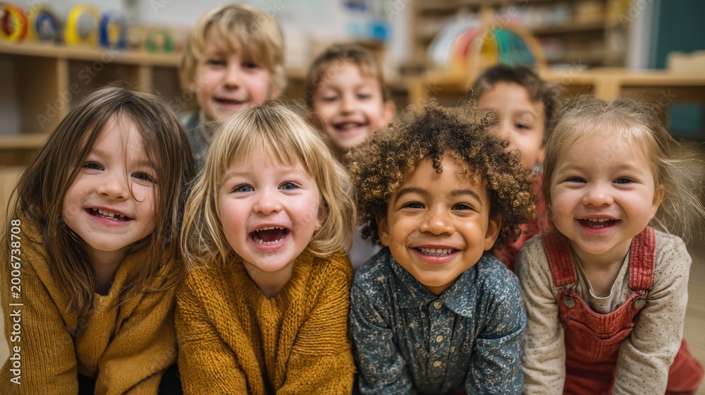 Fototapeta premium Group of diverse happy preschool children smiling together in a classroom