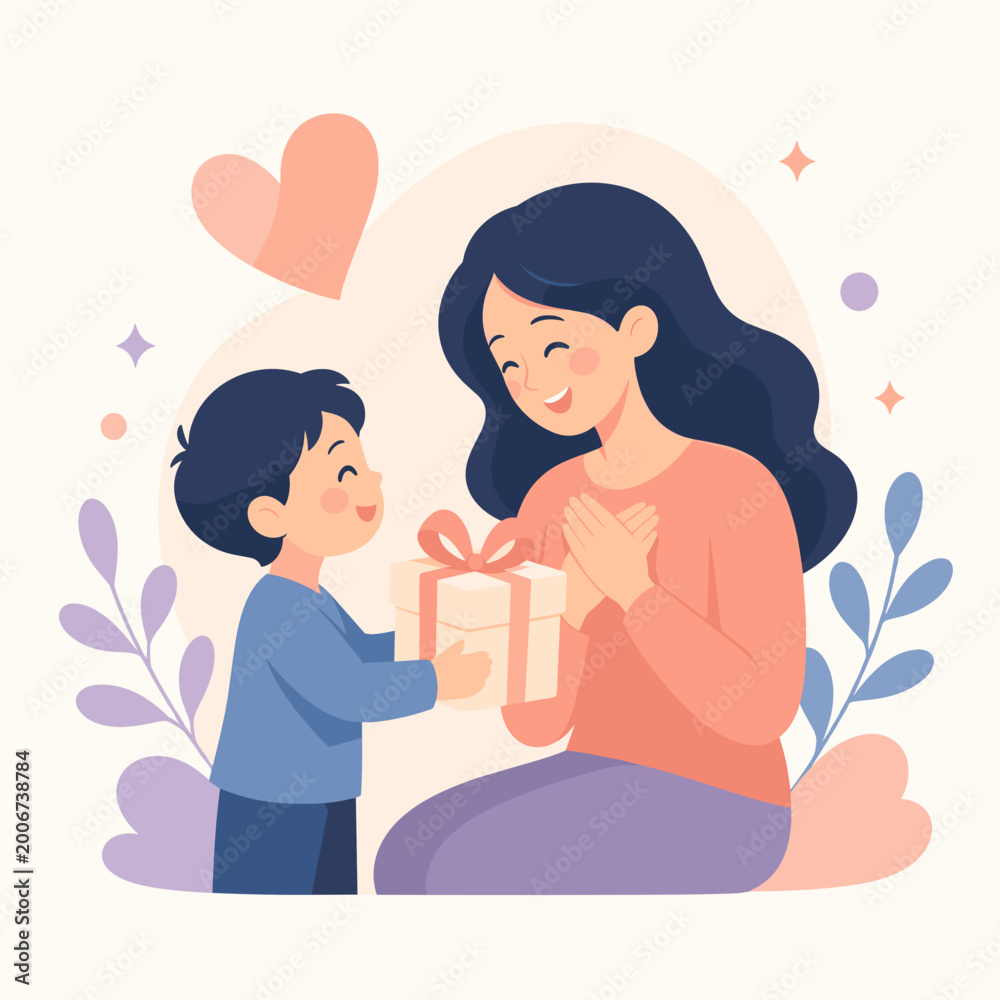 Fototapeta premium Little boy giving a wrapped gift to his smiling mother illustration
