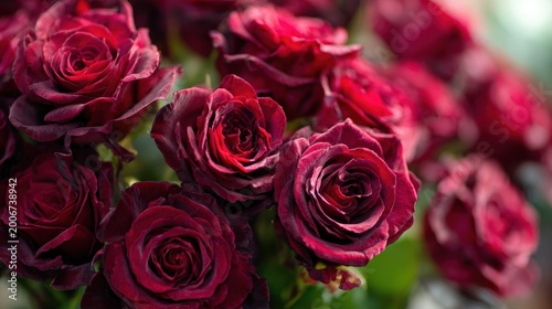Closeup of a bouquet of deep red roses with velvet petals