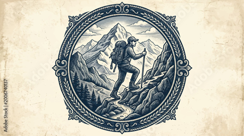 Photos Hiker ascending mountain peak with backpack in circular illustration