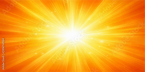 Abstract sunburst background with bright yellow and orange rays glowing in a warm summer sky vector design