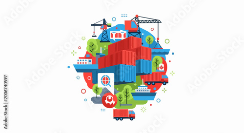 Global Logistics and Supply Chain Management Flat Vector Illustration of International Trade, Shipping Containers, Cargo Ships, and Freight Trucks