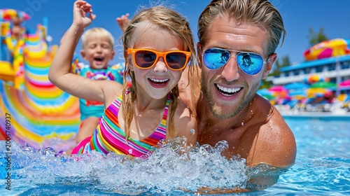Father and young daughter wearing sunglasses having fun in a water park pool