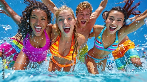 Group of diverse friends laughing and playing in a bright outdoor swimming pool