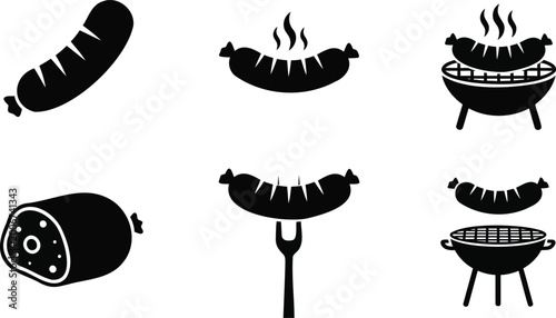 Sausage barbecue grill vector silhouette illustration line art black set.