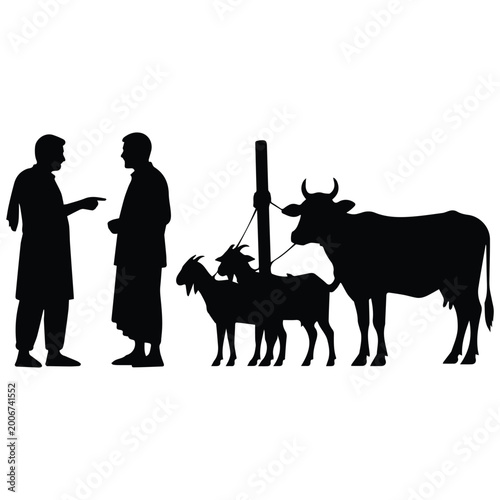 Photography Muslim men negotiating at cattle market for sacrificial animal silhouette