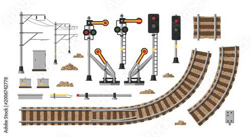An organized collection of isometric railway components such as signal lights, electrical power poles, gravel piles, and curved track pieces is set on white.