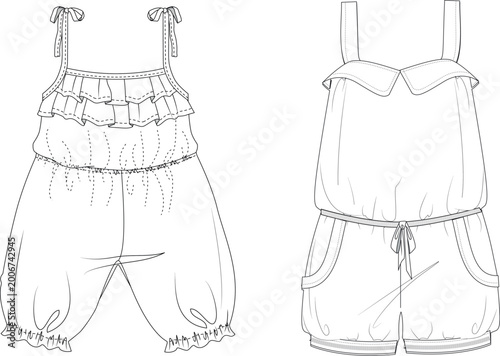 Girls Ruffle Top and Shorts Set Front and Back Technical Flat Sketch