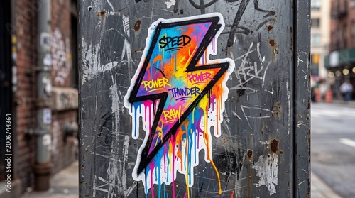 Colorful lightning bolt sticker on urban street pole