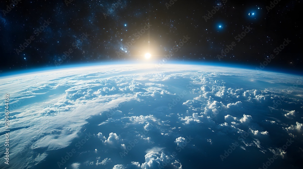 Fototapeta premium Sun rising over earth's cloudy atmosphere, viewed from space