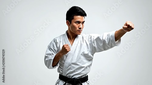 A man in a white karate uniform with a black belt assumes a fighting stance.