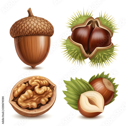 Set of fresh raw nuts and acorn illustration on a white background