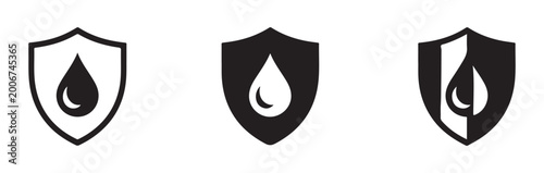 Collection of shield and water drop icons for waterproof technology certification and safety labels.