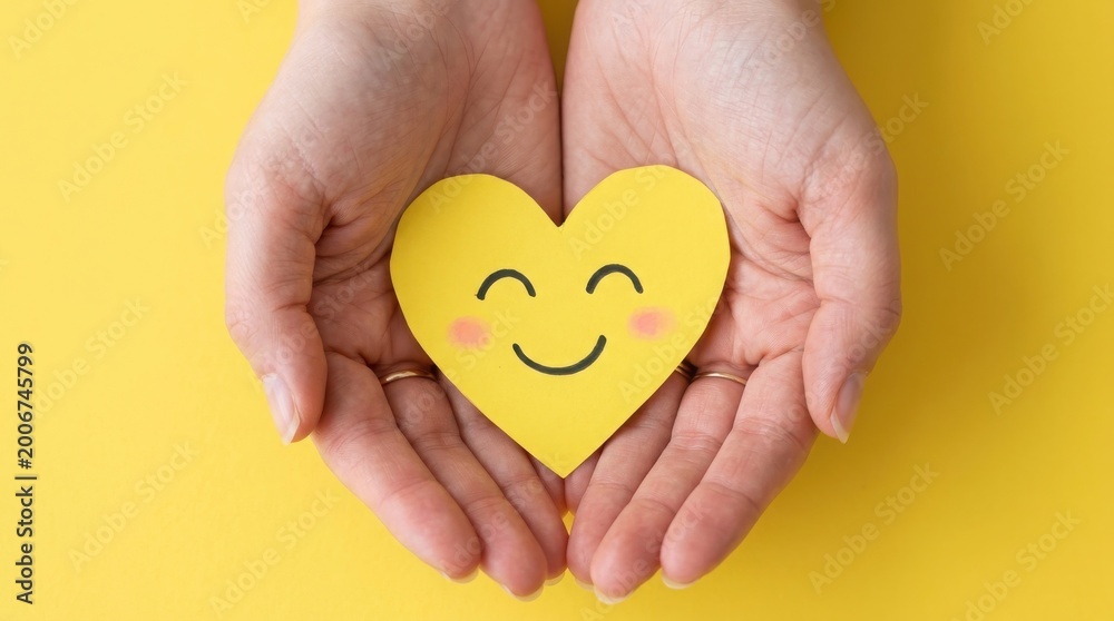 Obraz premium World mental health day hands holding a smiling yellow heart promoting wellbeing