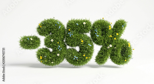 Eye-catching 3D render of a -35% discount sign crafted from lush green grass and adorned with delicate blooming wildflowers. For spring and summer seasonal sales, promotional offers