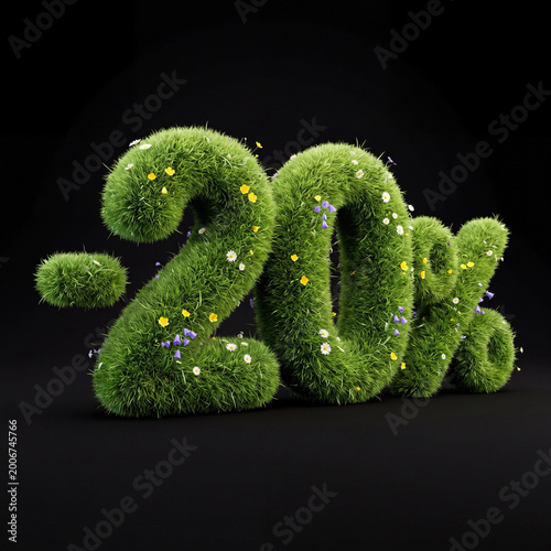 Eye-catching 3D render of a -20% discount sign crafted from lush green grass and adorned with delicate blooming wildflowers. For spring and summer seasonal sales, promotional offers