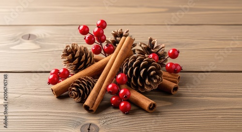 Festliche weihnachtliche Dekoration mit aromatischen Zimtstangen, natürlichen Tannenzapfen und roten Beeren auf einem rustikalen Holztisch, Kiefernzapfen, Arrangement, Zimtstangen
