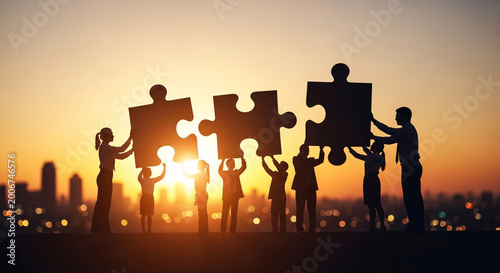 Silhouette of a team of people assembling jigsaw puzzle pieces together against a sunset cityscape backdrop, symbolizing teamwork and collaboration for achieving a common goal