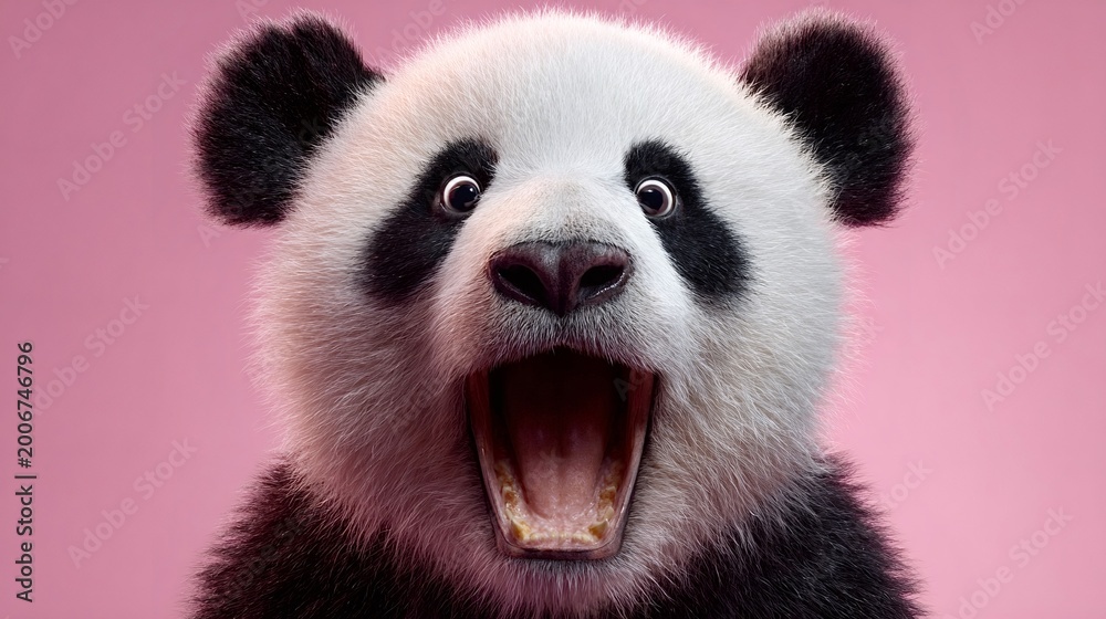Obraz premium Panda bear portrait showing a surprised or shocked expression with its mouth wide open and eyes looking directly forward, set against a vibrant pink background