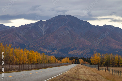 Mountain behind road on summer day in Alaska