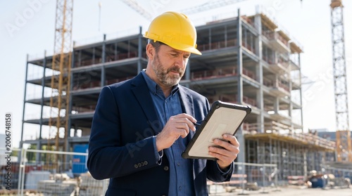 Engineer managing construction project with tablet urban site professional daylight focused