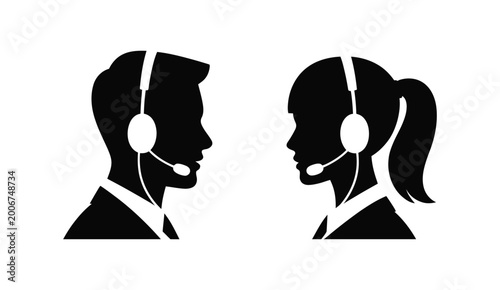Customer Support Headset Silhouette Icons, Man and Woman Call Center Agent Vector Illustration for Service and Communication Design