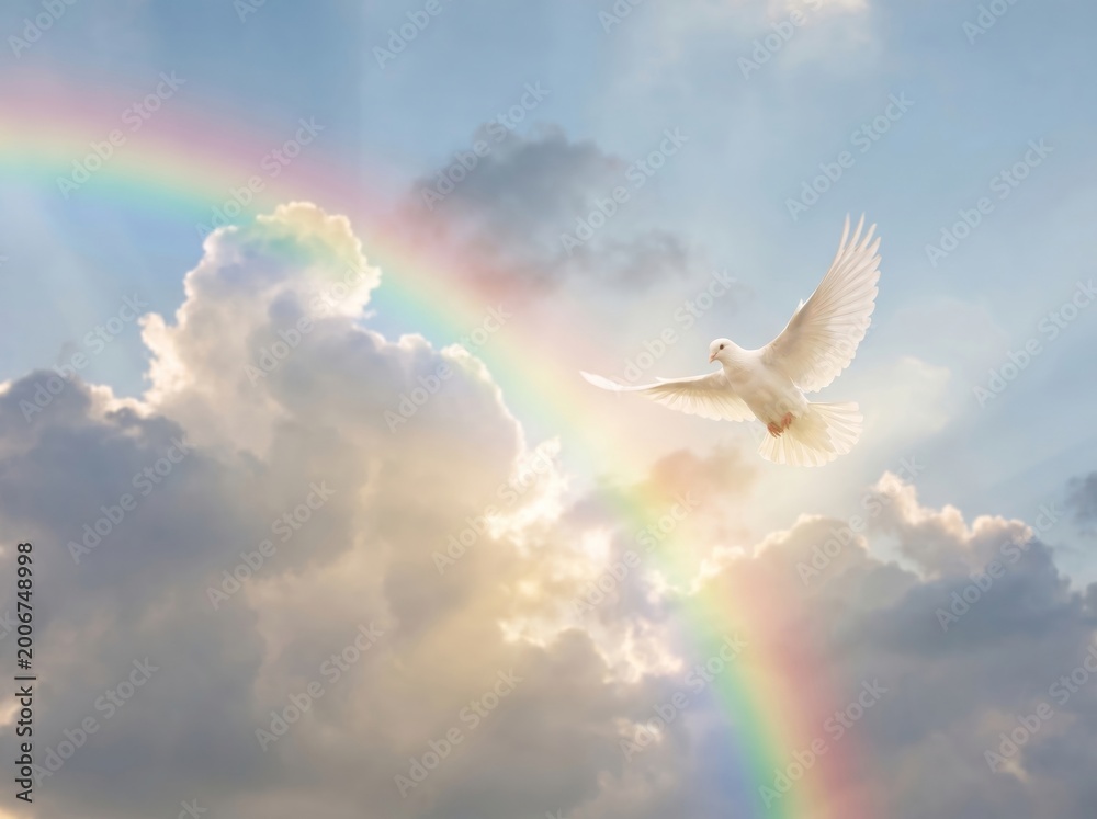 Fototapeta premium Dove in rainbow sky amidst clouds symbolizing freedom and hope