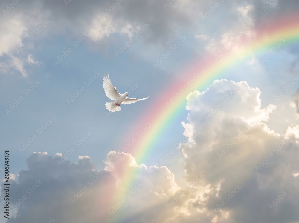 Fototapeta premium Dove soaring under rainbow sky nature scene freedom concept serene environment