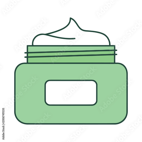 A green cosmetic jar filled with cream on a white background