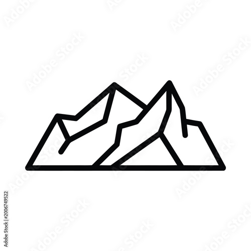 A minimalist line drawing depicts majestic mountain peaks in a scenic landscape.