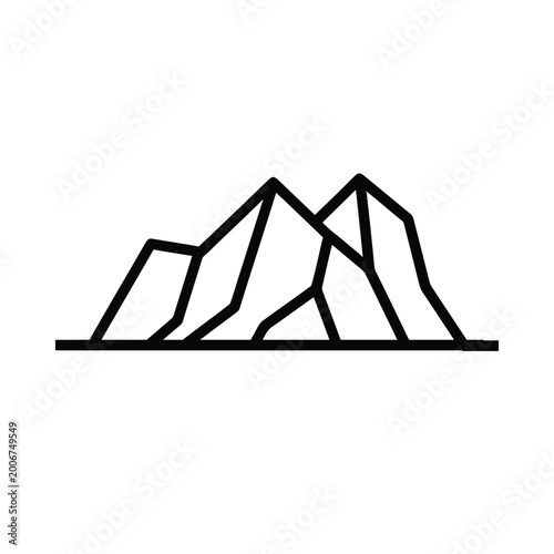 A minimalist line drawing depicts a mountain range landscape.