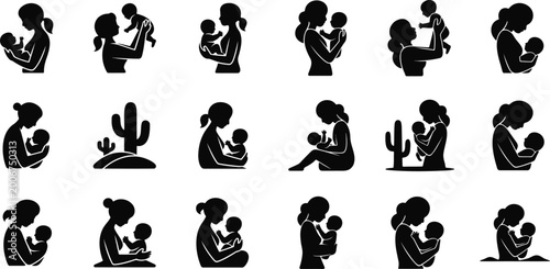 Motherhood silhouette collection: diverse poses of mothers holding babies