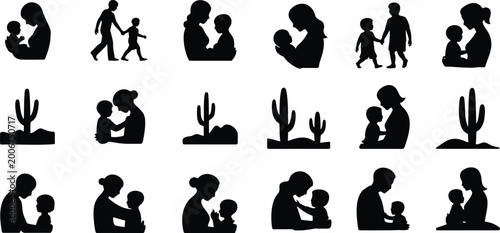 Family moments silhouette set: parents with children in outdoor scenes